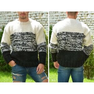 NWT Extravagantza Hand Knit Heavyweight Wool Sweater Black Ivory Men's 2XL NEW